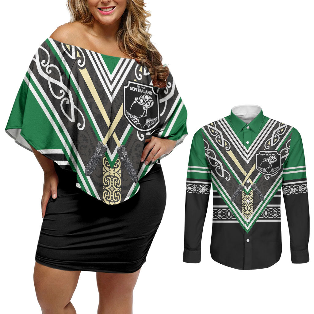 New Zealand Maori Rugby Custom Couples Matching Off Shoulder Short Dress and Long Sleeve Button Shirt Aotearoa Koru Geometric - Naturalistic Green