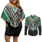 New Zealand Maori Rugby Custom Couples Matching Off Shoulder Short Dress and Long Sleeve Button Shirt Aotearoa Koru Geometric - Naturalistic Green
