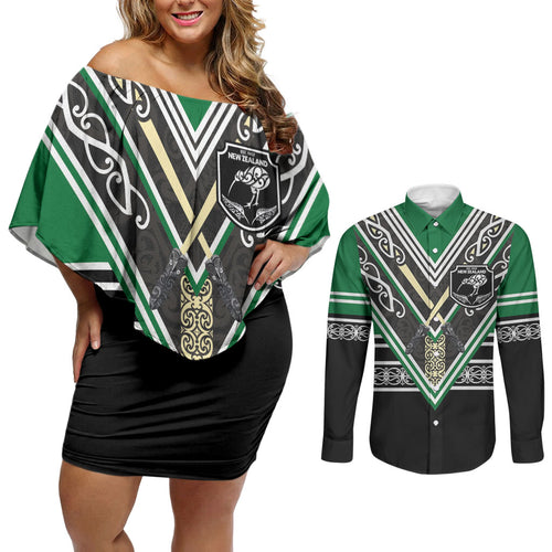New Zealand Maori Rugby Custom Couples Matching Off Shoulder Short Dress and Long Sleeve Button Shirt Aotearoa Koru Geometric - Naturalistic Green