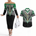 New Zealand Maori Rugby Custom Couples Matching Off The Shoulder Long Sleeve Dress and Hawaiian Shirt Aotearoa Koru Geometric - Naturalistic Green