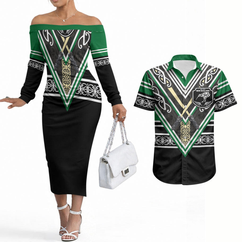 New Zealand Maori Rugby Custom Couples Matching Off The Shoulder Long Sleeve Dress and Hawaiian Shirt Aotearoa Koru Geometric - Naturalistic Green