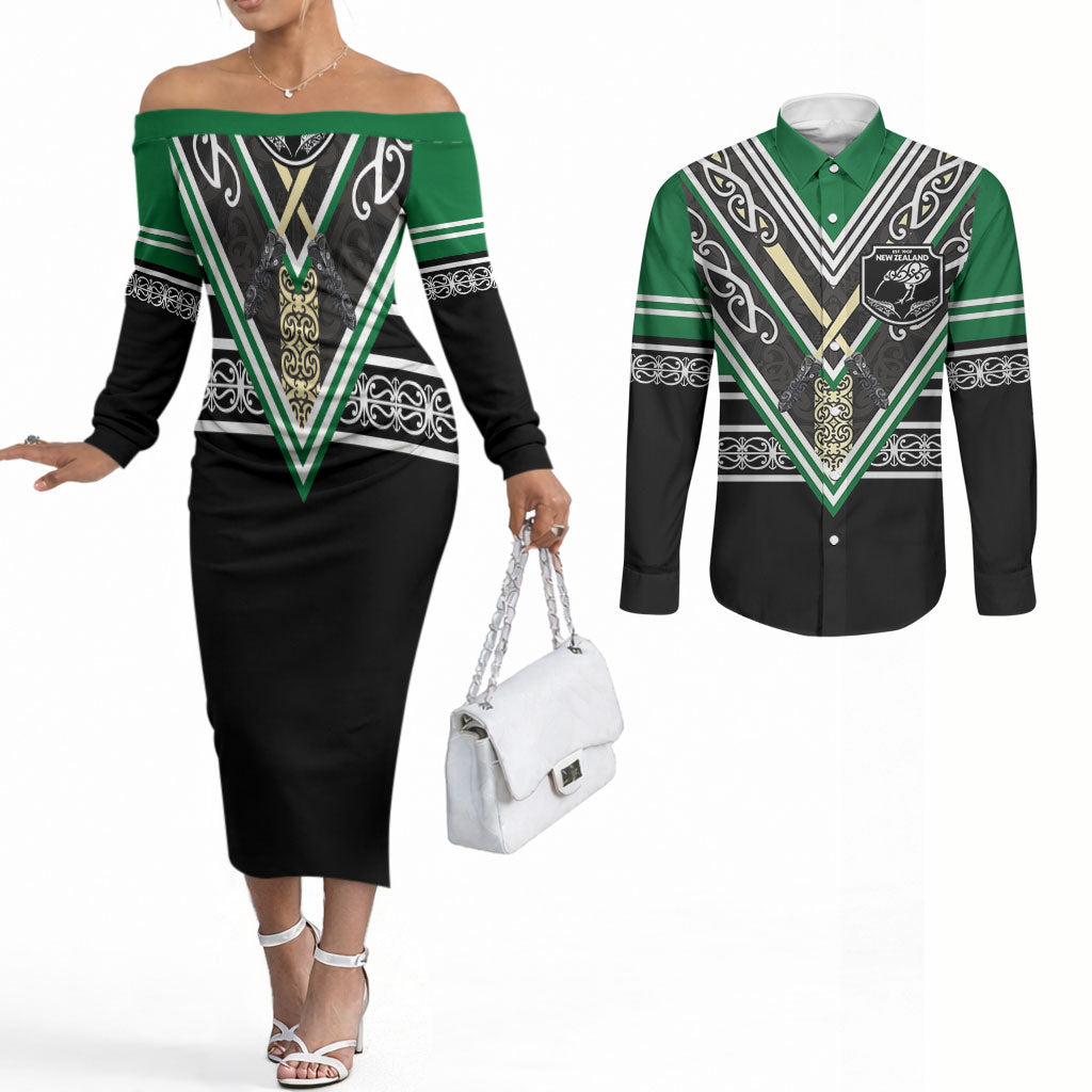 New Zealand Maori Rugby Custom Couples Matching Off The Shoulder Long Sleeve Dress and Long Sleeve Button Shirt Aotearoa Koru Geometric - Naturalistic Green