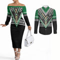 New Zealand Maori Rugby Custom Couples Matching Off The Shoulder Long Sleeve Dress and Long Sleeve Button Shirt Aotearoa Koru Geometric - Naturalistic Green