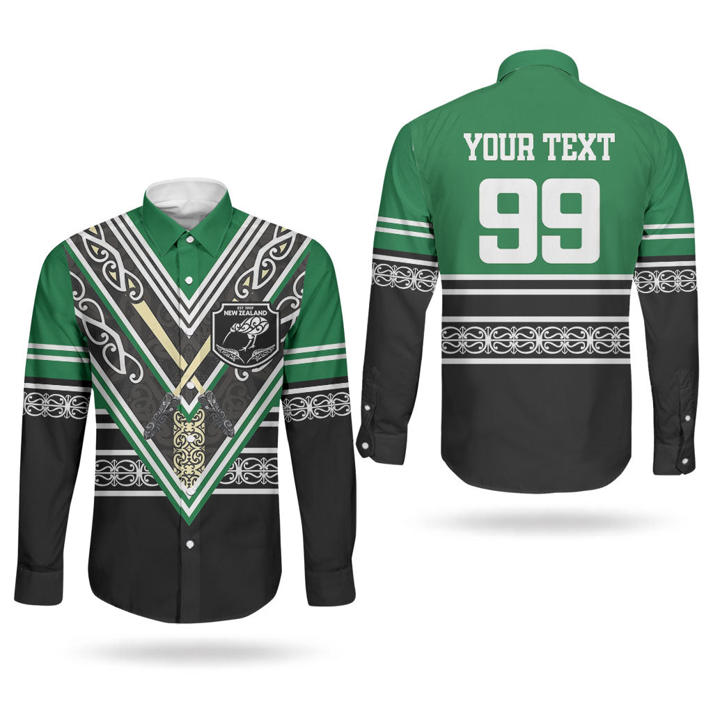New Zealand Maori Rugby Custom Couples Matching Off The Shoulder Long Sleeve Dress and Long Sleeve Button Shirt Aotearoa Koru Geometric - Naturalistic Green