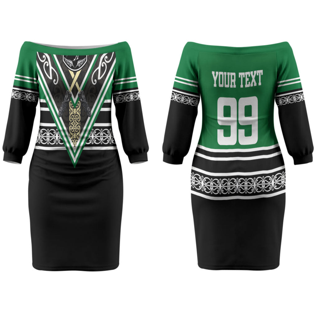 New Zealand Maori Rugby Custom Couples Matching Off The Shoulder Long Sleeve Dress and Long Sleeve Button Shirt Aotearoa Koru Geometric - Naturalistic Green