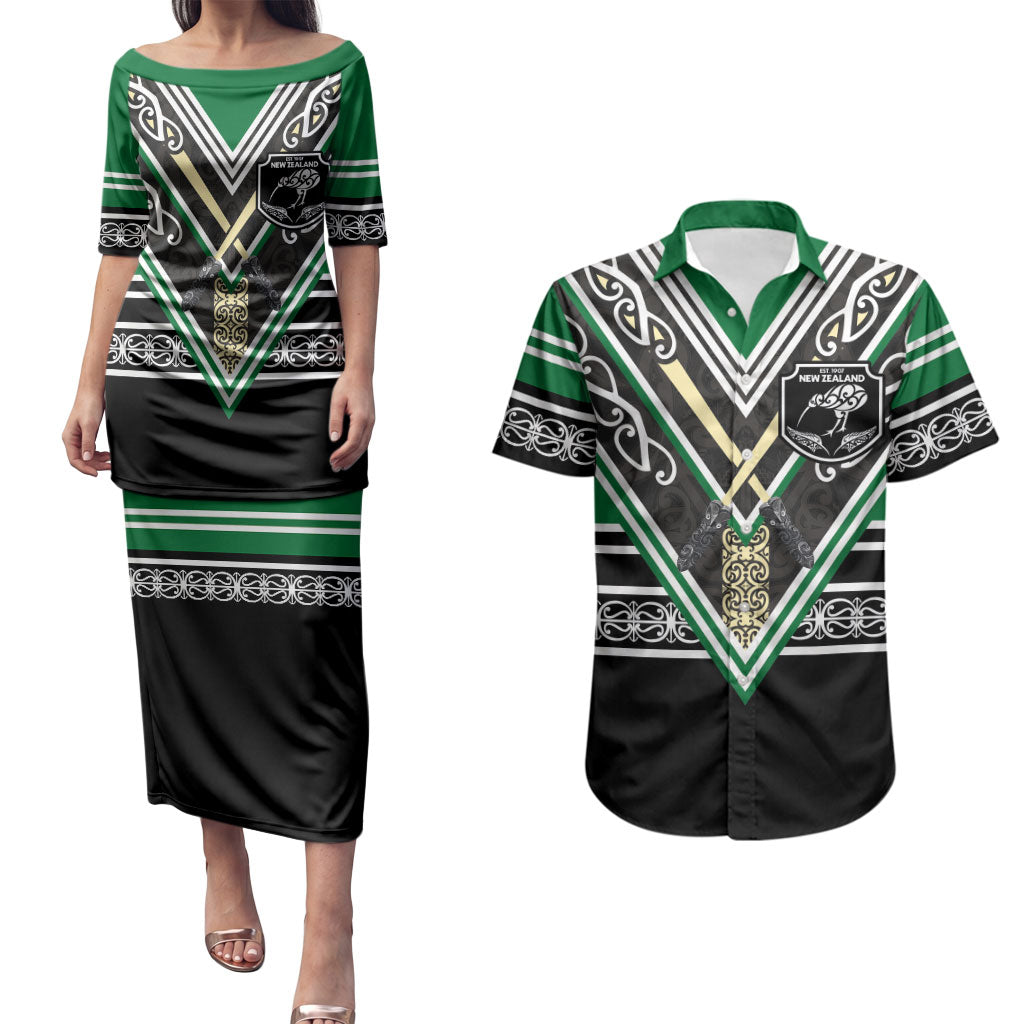 New Zealand Maori Rugby Custom Couples Matching Puletasi and Hawaiian Shirt Aotearoa Koru Geometric - Naturalistic Green