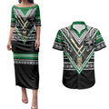 New Zealand Maori Rugby Custom Couples Matching Puletasi and Hawaiian Shirt Aotearoa Koru Geometric - Naturalistic Green