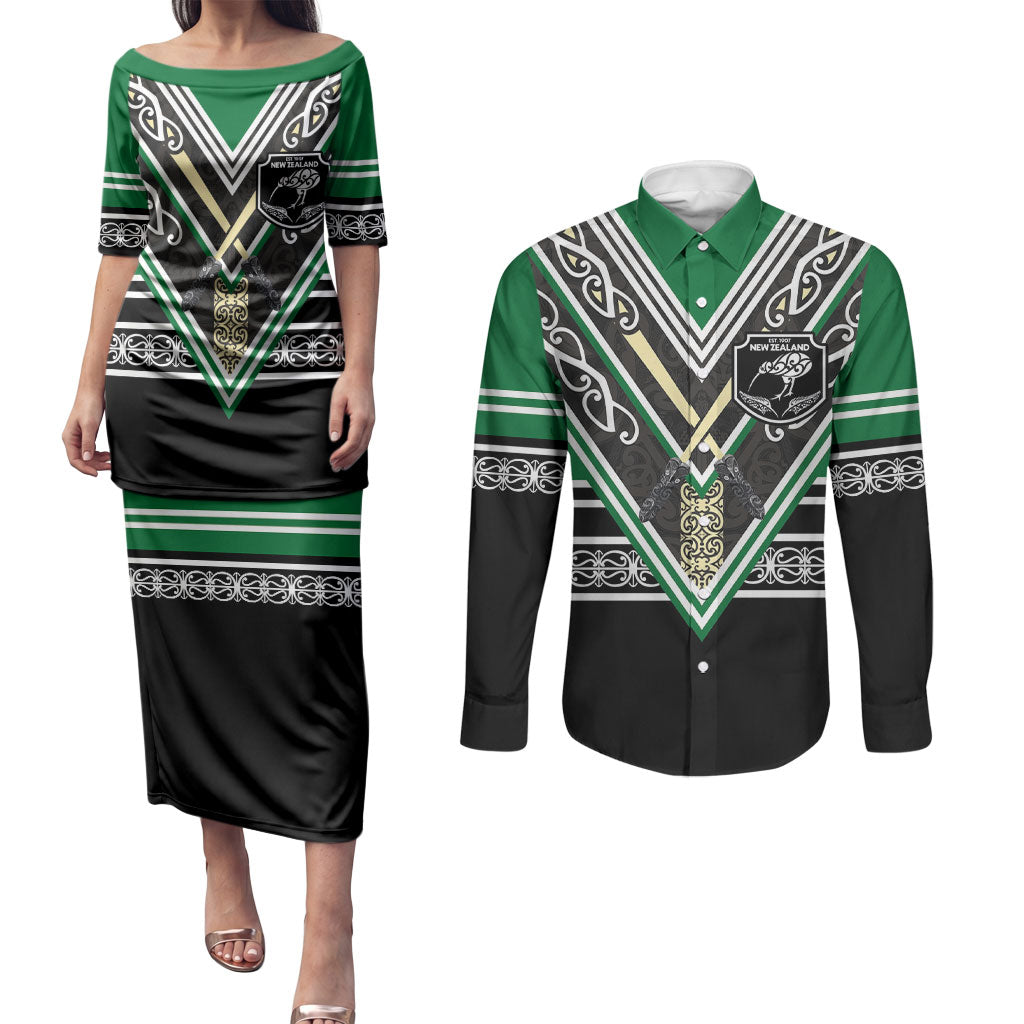 New Zealand Maori Rugby Custom Couples Matching Puletasi and Long Sleeve Button Shirt Aotearoa Koru Geometric - Naturalistic Green