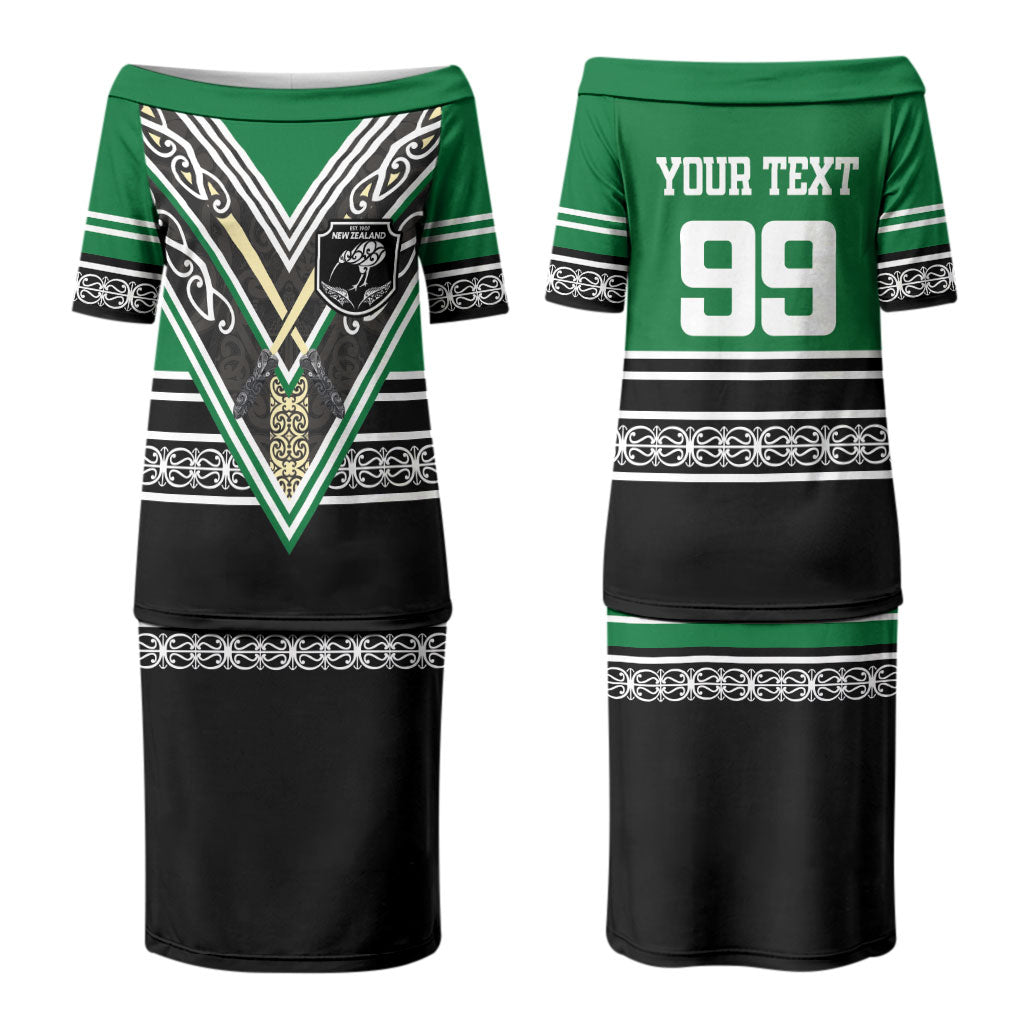 New Zealand Maori Rugby Custom Couples Matching Puletasi and Long Sleeve Button Shirt Aotearoa Koru Geometric - Naturalistic Green