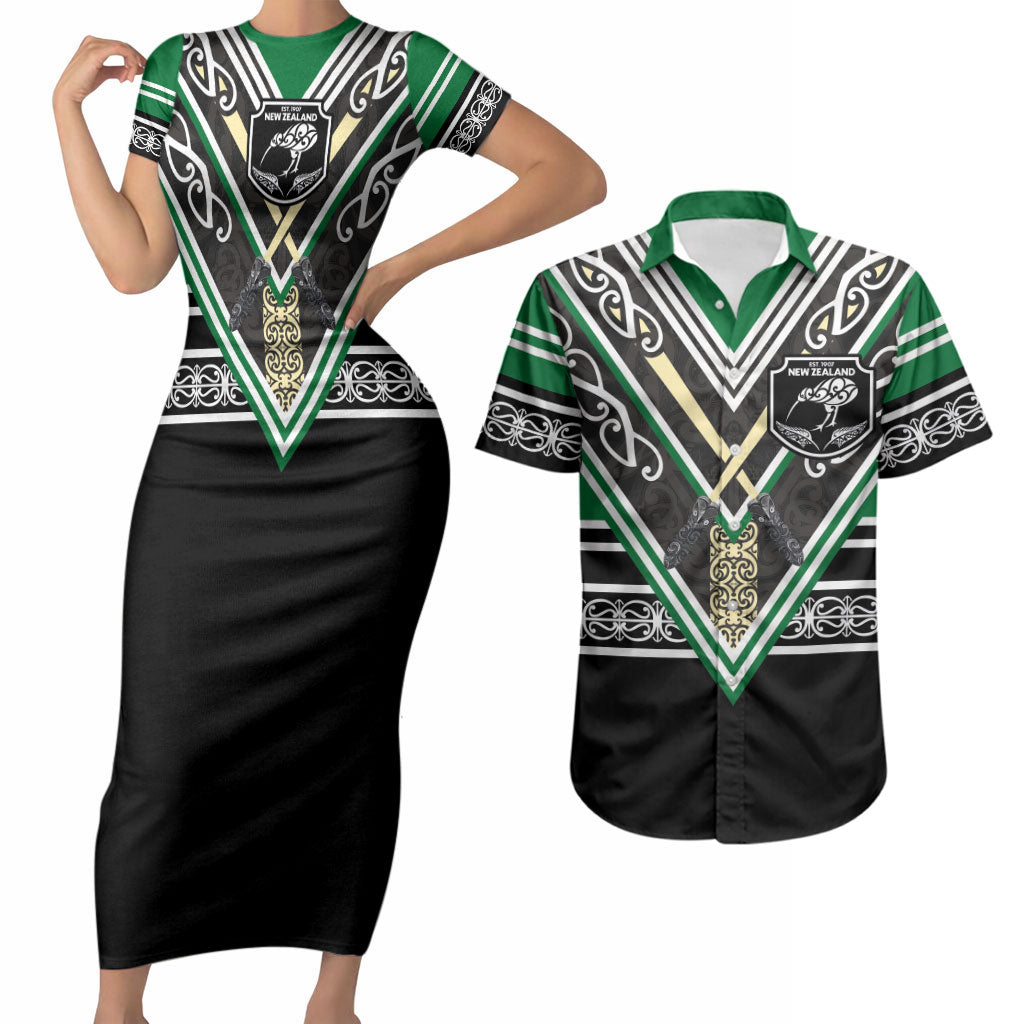 New Zealand Maori Rugby Custom Couples Matching Short Sleeve Bodycon Dress and Hawaiian Shirt Aotearoa Koru Geometric - Naturalistic Green