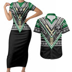 New Zealand Maori Rugby Custom Couples Matching Short Sleeve Bodycon Dress and Hawaiian Shirt Aotearoa Koru Geometric - Naturalistic Green