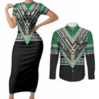 New Zealand Maori Rugby Custom Couples Matching Short Sleeve Bodycon Dress and Long Sleeve Button Shirt Aotearoa Koru Geometric - Naturalistic Green