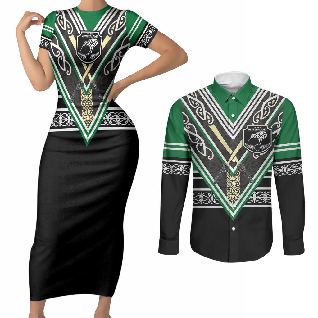 New Zealand Maori Rugby Custom Couples Matching Short Sleeve Bodycon Dress and Long Sleeve Button Shirt Aotearoa Koru Geometric - Naturalistic Green
