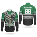 New Zealand Maori Rugby Custom Couples Matching Short Sleeve Bodycon Dress and Long Sleeve Button Shirt Aotearoa Koru Geometric - Naturalistic Green