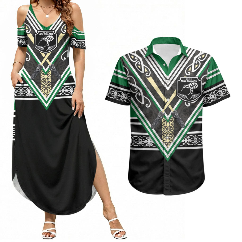 New Zealand Maori Rugby Custom Couples Matching Summer Maxi Dress and Hawaiian Shirt Aotearoa Koru Geometric - Naturalistic Green