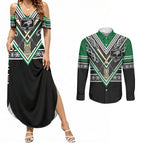 New Zealand Maori Rugby Custom Couples Matching Summer Maxi Dress and Long Sleeve Button Shirt Aotearoa Koru Geometric - Naturalistic Green
