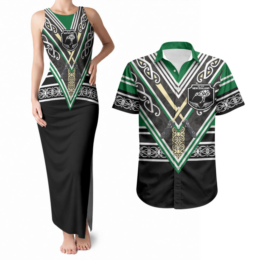 New Zealand Maori Rugby Custom Couples Matching Tank Maxi Dress and Hawaiian Shirt Aotearoa Koru Geometric - Naturalistic Green