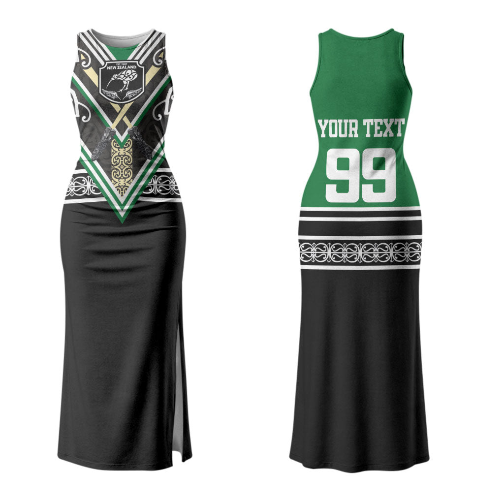 New Zealand Maori Rugby Custom Couples Matching Tank Maxi Dress and Hawaiian Shirt Aotearoa Koru Geometric - Naturalistic Green