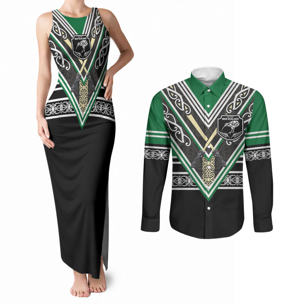 New Zealand Maori Rugby Custom Couples Matching Tank Maxi Dress and Long Sleeve Button Shirt Aotearoa Koru Geometric - Naturalistic Green