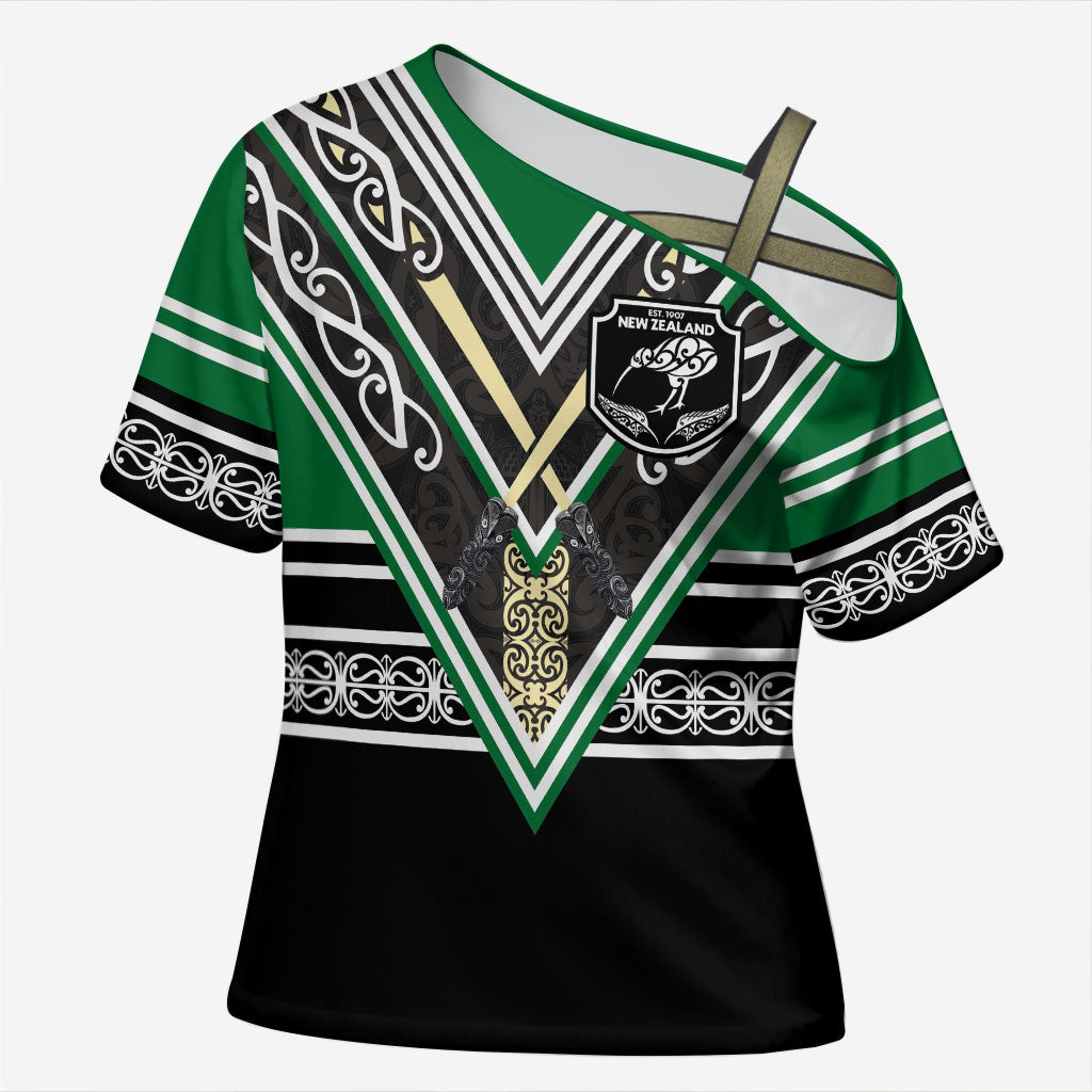 New Zealand Maori Rugby Custom Cross Shoulder Shirt Aotearoa Koru Geometric - Naturalistic Green