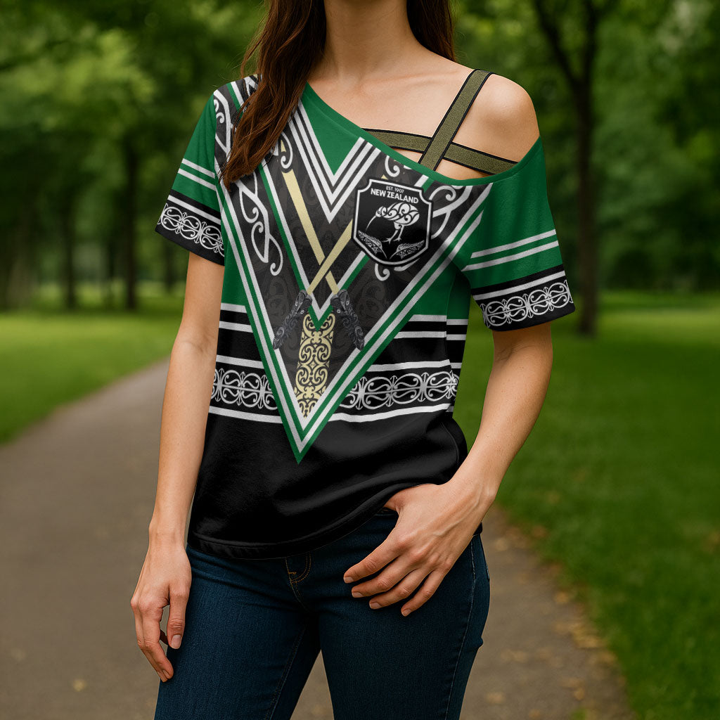 New Zealand Maori Rugby Custom Cross Shoulder Shirt Aotearoa Koru Geometric - Naturalistic Green