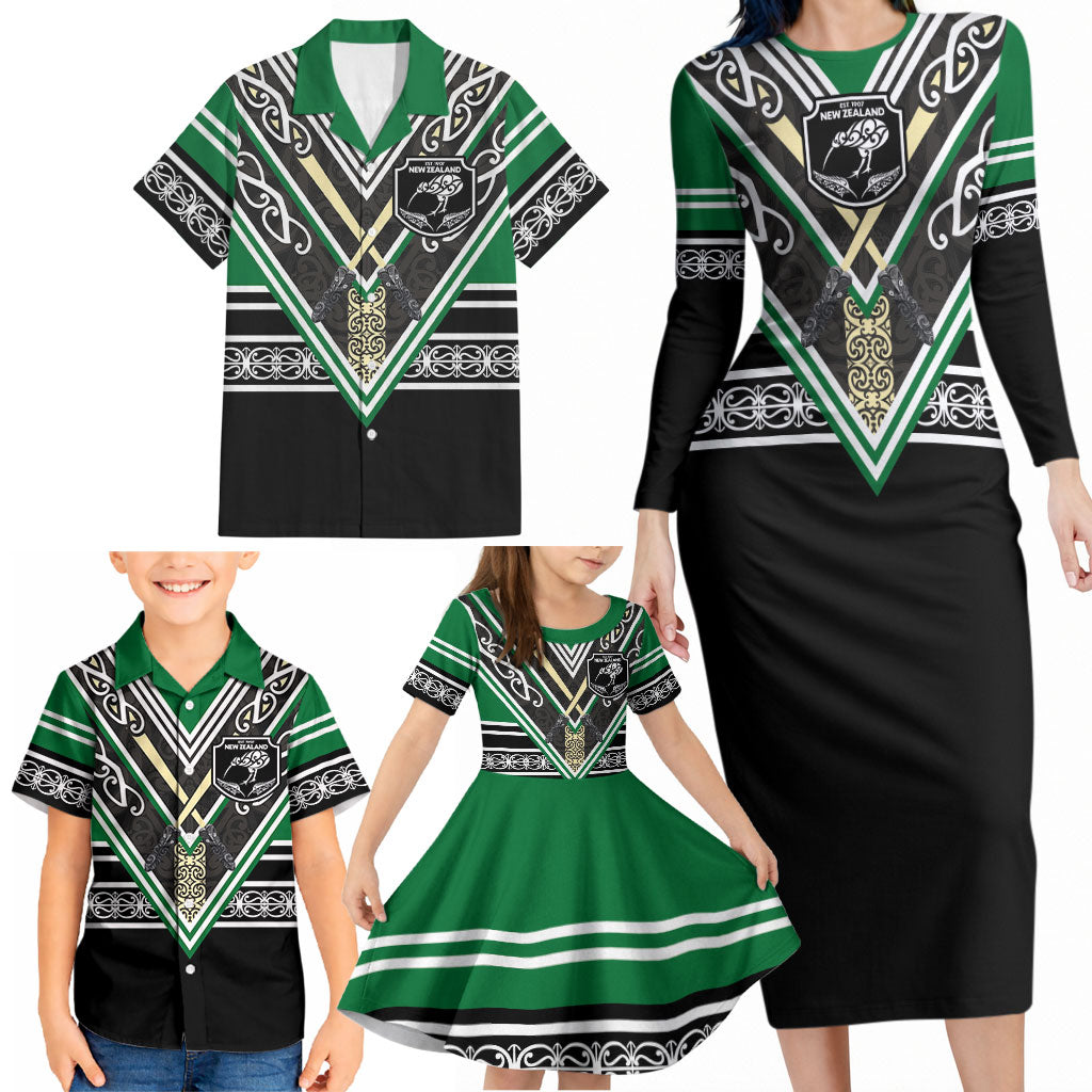 New Zealand Maori Rugby Custom Family Matching Long Sleeve Bodycon Dress and Hawaiian Shirt Aotearoa Koru Geometric - Naturalistic Green