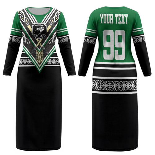 New Zealand Maori Rugby Custom Family Matching Long Sleeve Bodycon Dress and Hawaiian Shirt Aotearoa Koru Geometric - Naturalistic Green
