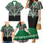 New Zealand Maori Rugby Custom Family Matching Mermaid Dress and Hawaiian Shirt Aotearoa Koru Geometric - Naturalistic Green