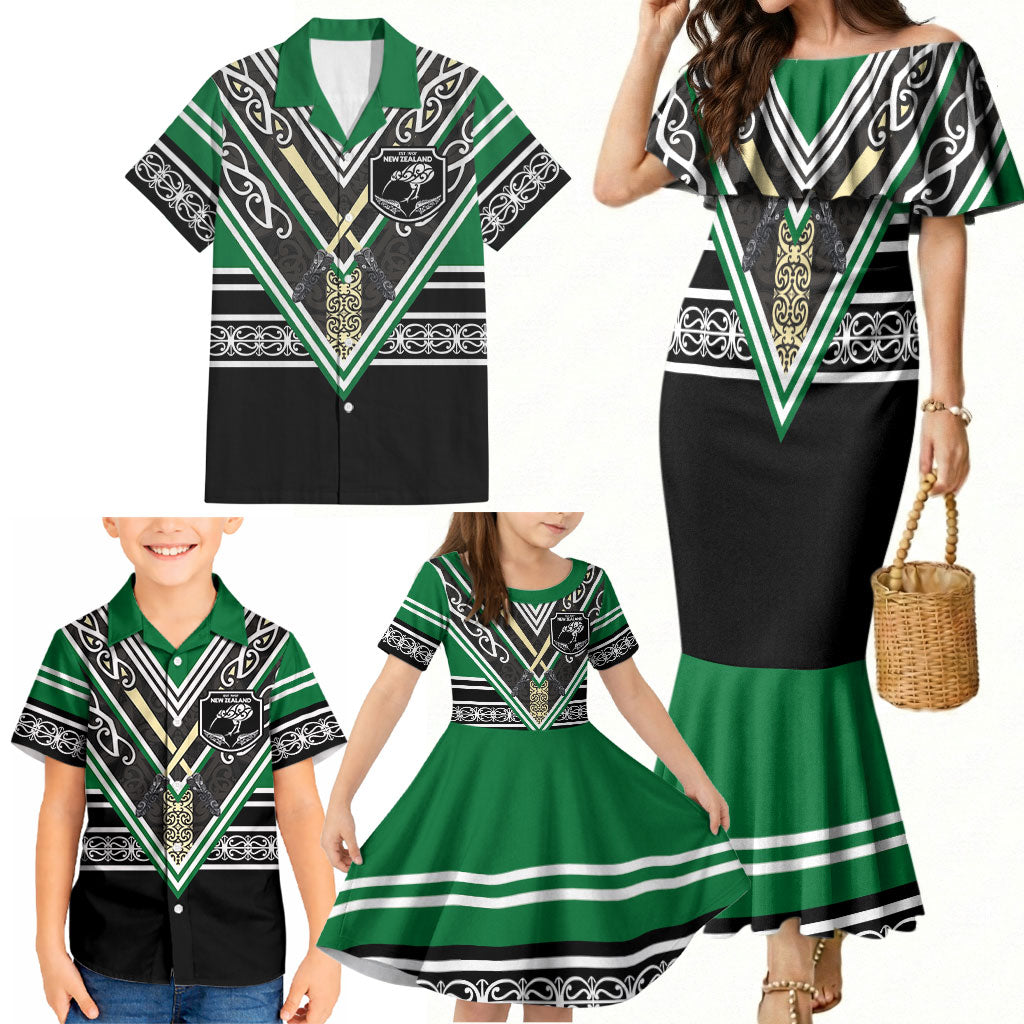 New Zealand Maori Rugby Custom Family Matching Mermaid Dress and Hawaiian Shirt Aotearoa Koru Geometric - Naturalistic Green