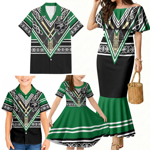New Zealand Maori Rugby Custom Family Matching Mermaid Dress and Hawaiian Shirt Aotearoa Koru Geometric - Naturalistic Green
