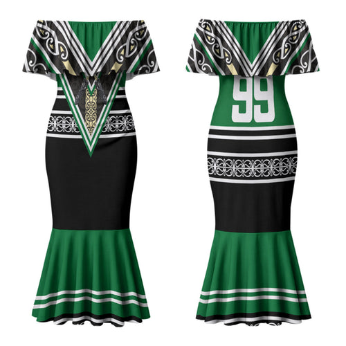 New Zealand Maori Rugby Custom Family Matching Mermaid Dress and Hawaiian Shirt Aotearoa Koru Geometric - Naturalistic Green