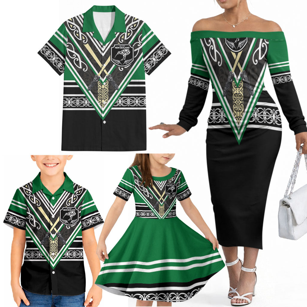 New Zealand Maori Rugby Custom Family Matching Off The Shoulder Long Sleeve Dress and Hawaiian Shirt Aotearoa Koru Geometric - Naturalistic Green