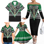 New Zealand Maori Rugby Custom Family Matching Off The Shoulder Long Sleeve Dress and Hawaiian Shirt Aotearoa Koru Geometric - Naturalistic Green