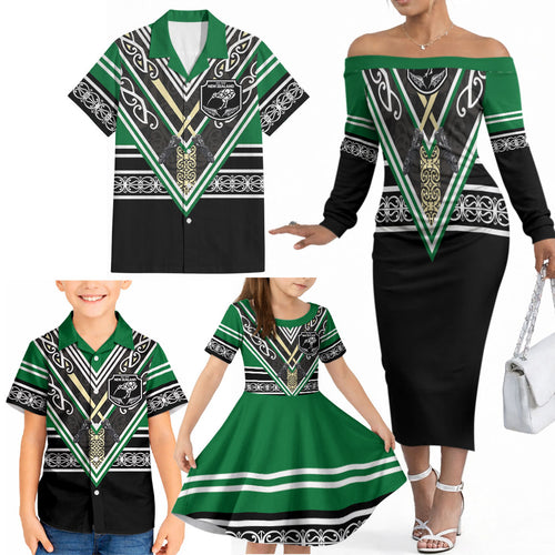 New Zealand Maori Rugby Custom Family Matching Off The Shoulder Long Sleeve Dress and Hawaiian Shirt Aotearoa Koru Geometric - Naturalistic Green