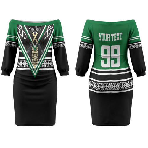 New Zealand Maori Rugby Custom Family Matching Off The Shoulder Long Sleeve Dress and Hawaiian Shirt Aotearoa Koru Geometric - Naturalistic Green