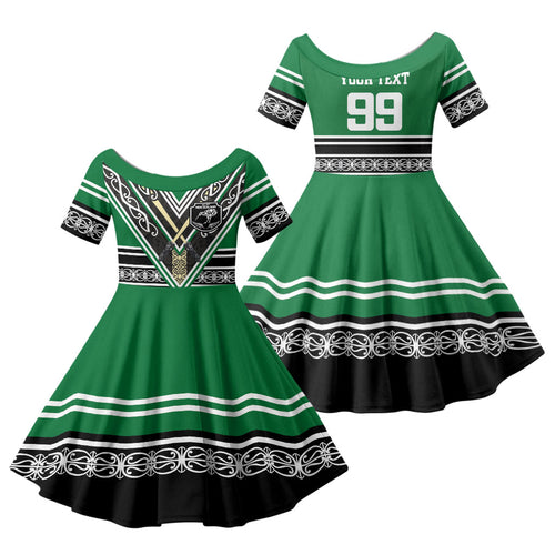 New Zealand Maori Rugby Custom Family Matching Off The Shoulder Long Sleeve Dress and Hawaiian Shirt Aotearoa Koru Geometric - Naturalistic Green