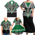 New Zealand Maori Rugby Custom Family Matching Off Shoulder Maxi Dress and Hawaiian Shirt Aotearoa Koru Geometric - Naturalistic Green