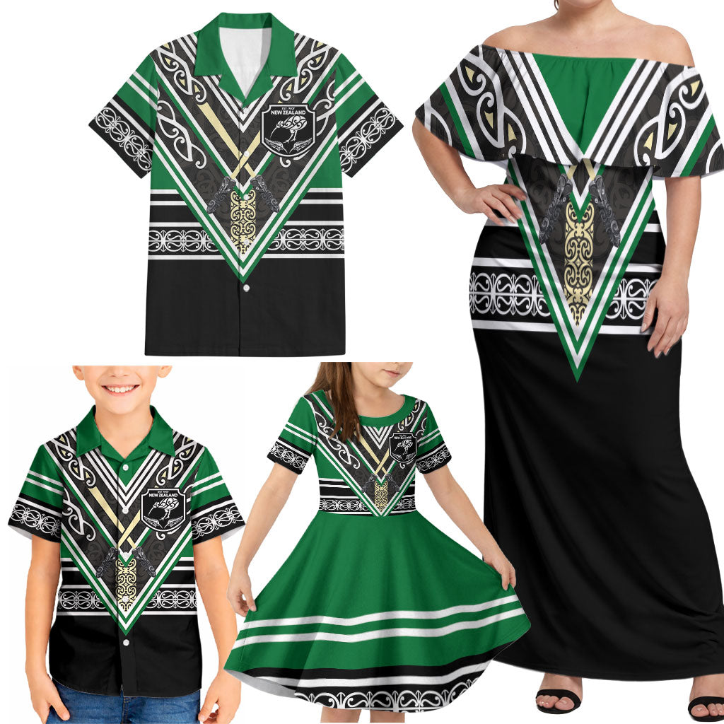 New Zealand Maori Rugby Custom Family Matching Off Shoulder Maxi Dress and Hawaiian Shirt Aotearoa Koru Geometric - Naturalistic Green