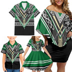 New Zealand Maori Rugby Custom Family Matching Off Shoulder Short Dress and Hawaiian Shirt Aotearoa Koru Geometric - Naturalistic Green