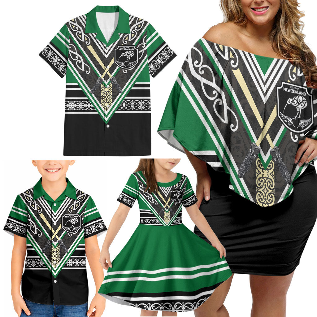 New Zealand Maori Rugby Custom Family Matching Off Shoulder Short Dress and Hawaiian Shirt Aotearoa Koru Geometric - Naturalistic Green
