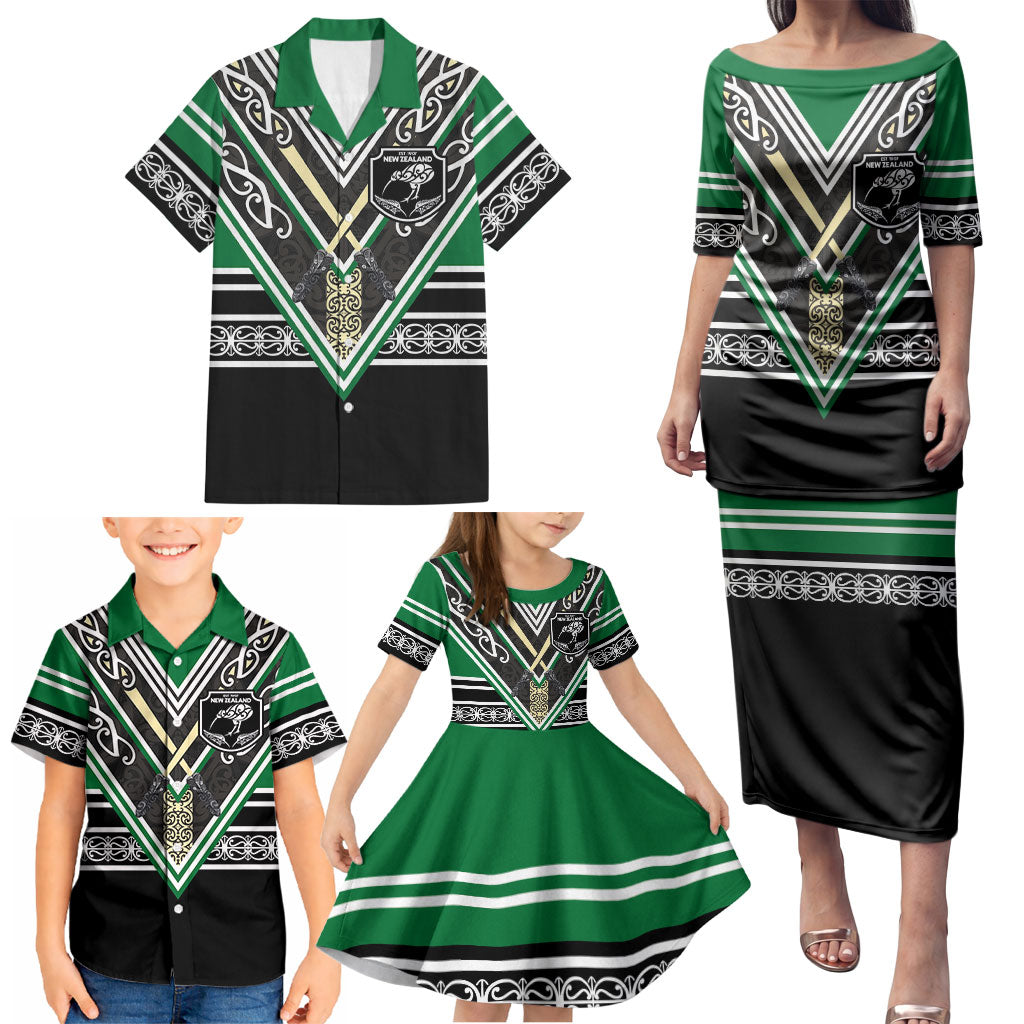 New Zealand Maori Rugby Custom Family Matching Puletasi and Hawaiian Shirt Aotearoa Koru Geometric - Naturalistic Green