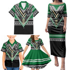 New Zealand Maori Rugby Custom Family Matching Puletasi and Hawaiian Shirt Aotearoa Koru Geometric - Naturalistic Green