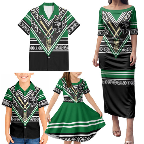 New Zealand Maori Rugby Custom Family Matching Puletasi and Hawaiian Shirt Aotearoa Koru Geometric - Naturalistic Green