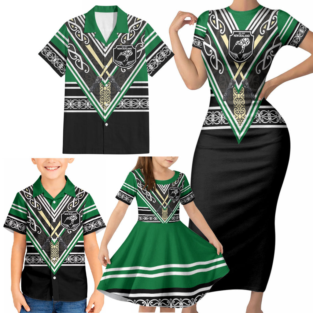 New Zealand Maori Rugby Custom Family Matching Short Sleeve Bodycon Dress and Hawaiian Shirt Aotearoa Koru Geometric - Naturalistic Green