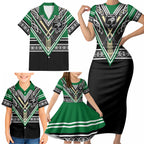 New Zealand Maori Rugby Custom Family Matching Short Sleeve Bodycon Dress and Hawaiian Shirt Aotearoa Koru Geometric - Naturalistic Green