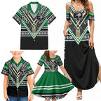 New Zealand Maori Rugby Custom Family Matching Summer Maxi Dress and Hawaiian Shirt Aotearoa Koru Geometric - Naturalistic Green