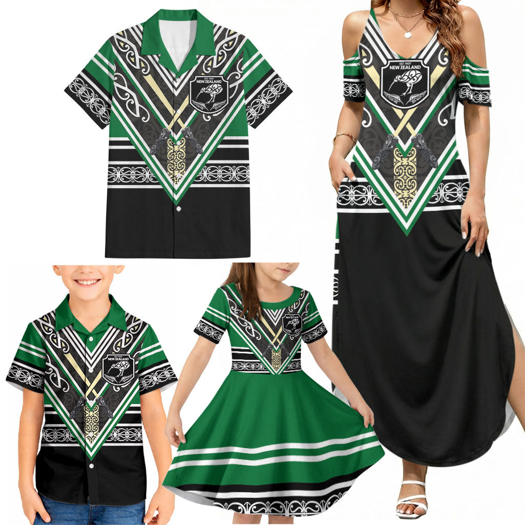 New Zealand Maori Rugby Custom Family Matching Summer Maxi Dress and Hawaiian Shirt Aotearoa Koru Geometric - Naturalistic Green