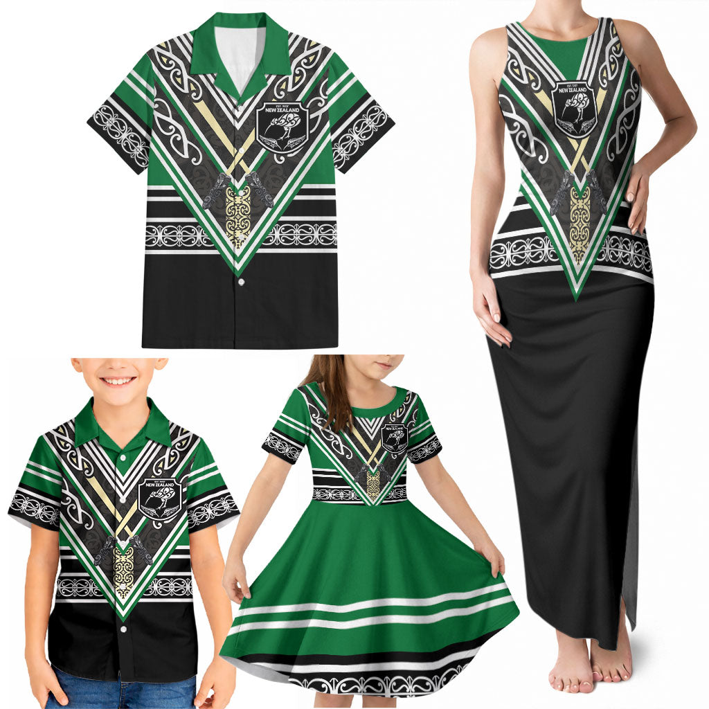New Zealand Maori Rugby Custom Family Matching Tank Maxi Dress and Hawaiian Shirt Aotearoa Koru Geometric - Naturalistic Green
