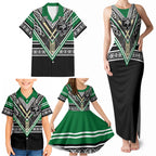 New Zealand Maori Rugby Custom Family Matching Tank Maxi Dress and Hawaiian Shirt Aotearoa Koru Geometric - Naturalistic Green