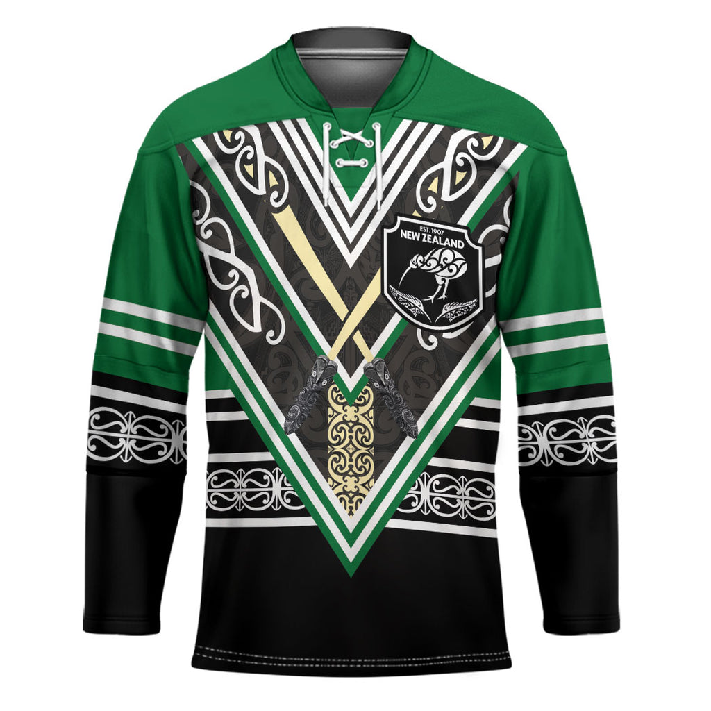 New Zealand Maori Rugby Custom Hockey Jersey Aotearoa Koru Geometric - Naturalistic Green